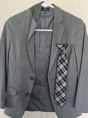 Chaps Gray Kids Blazer with Black & White Plaid Tie